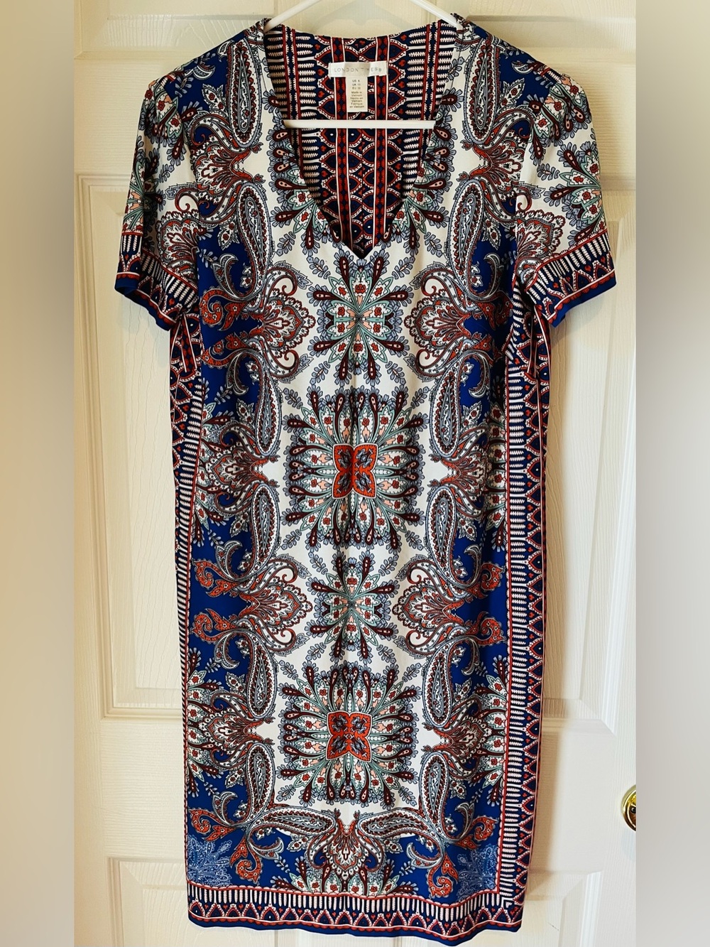London Times Short Sleeve Tunic Dress Bohemian Boho Geometric
